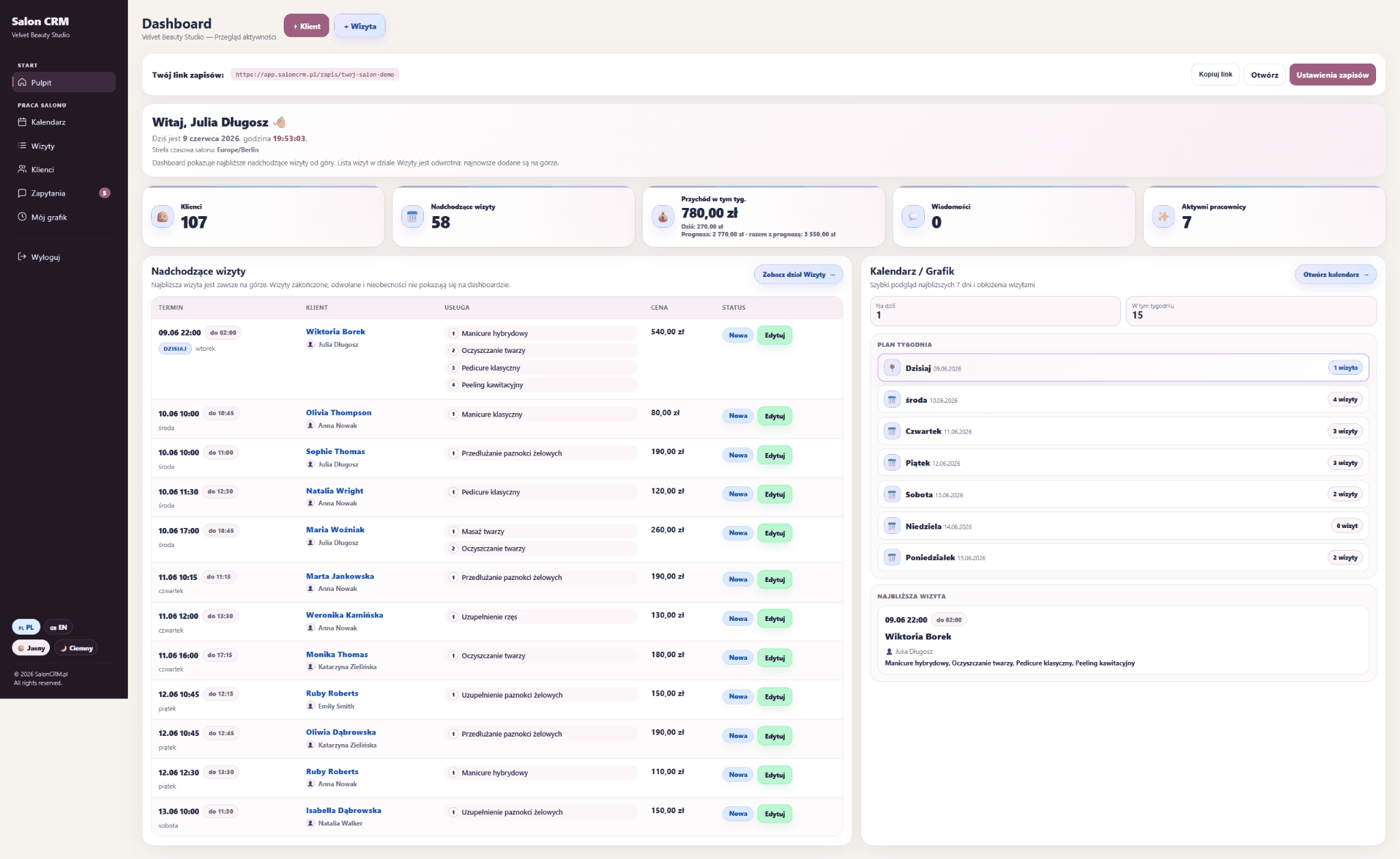 Staff dashboard in SalonCRM