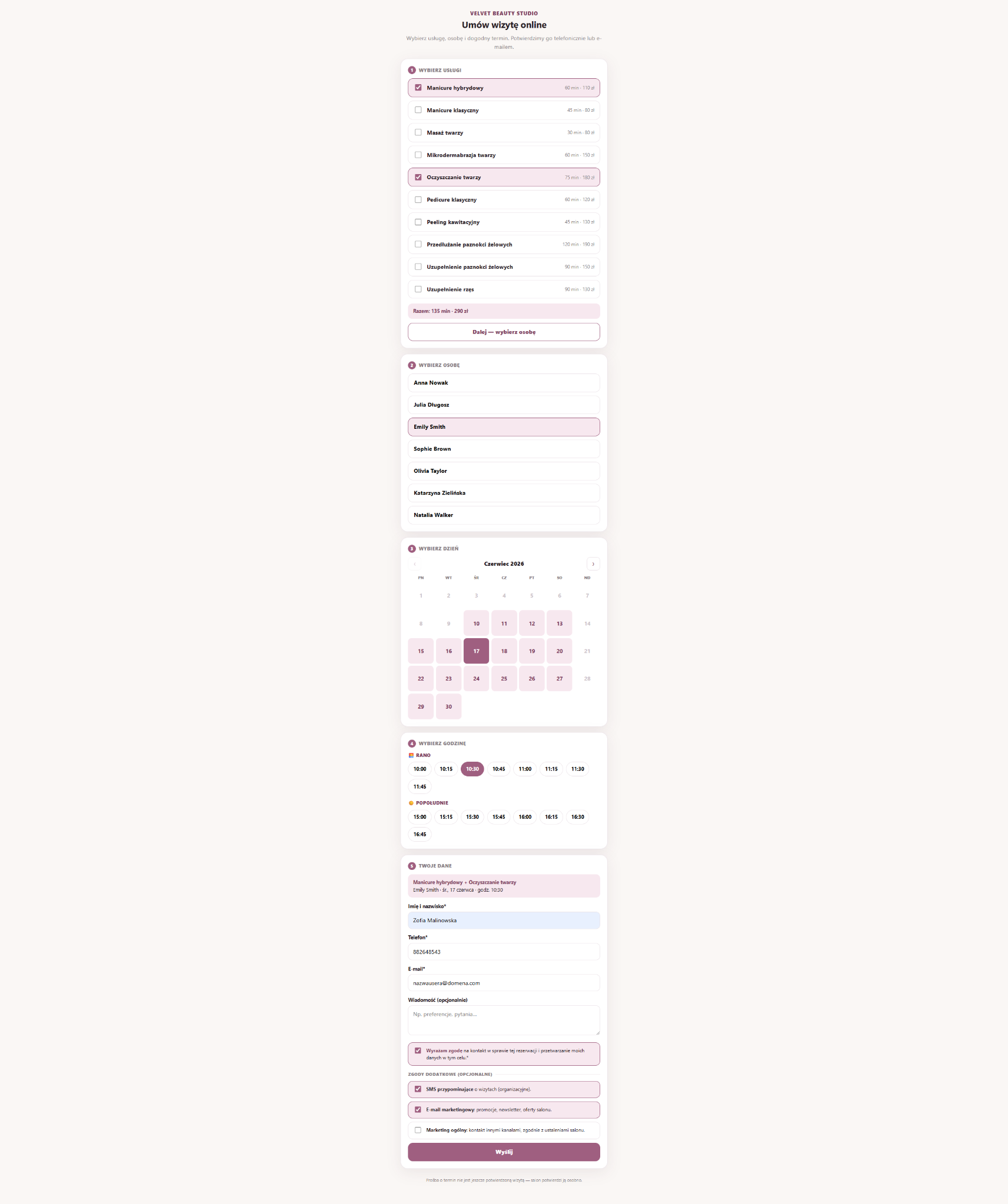 Public online booking link for a salon client