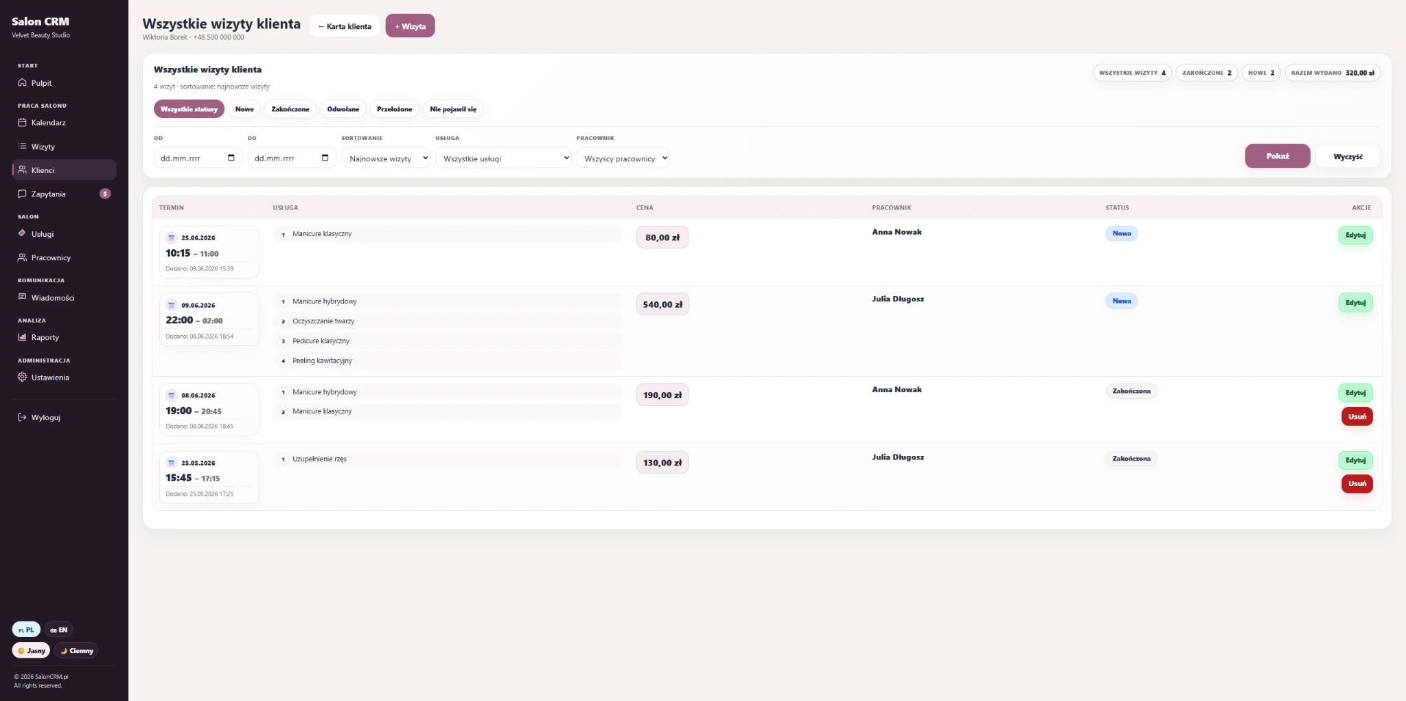 All client appointments — A dedicated history view for one client with filters by services, statuses and employees.
