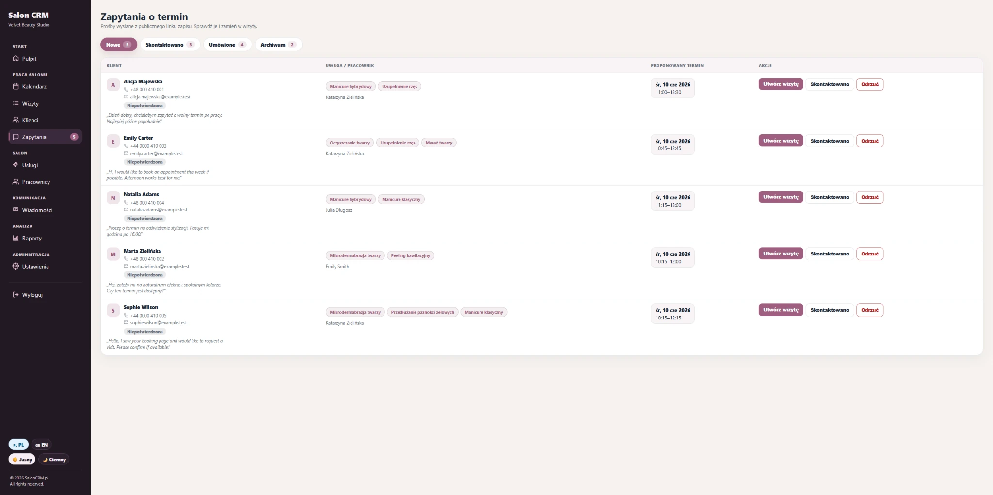 Appointment requests — New requests from the booking link that can be converted into an appointment, contacted or rejected.