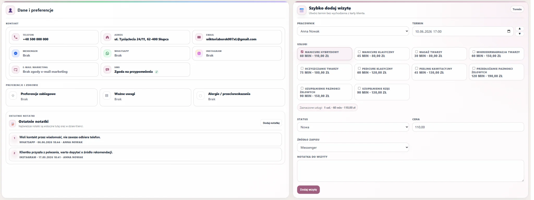 Karta klientki w SalonCRM — dane, preferencje i szybkie dodanie wizyty