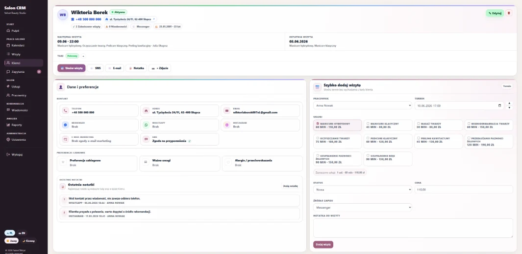 Client card — header and quick actions — Key contact data, client status and fast actions: appointment, SMS, e-mail, note and photo.