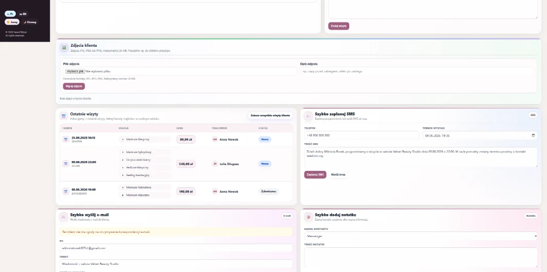 Client card — data and quick appointment — Preferences, notes, allergies and a quick panel to add the next appointment.