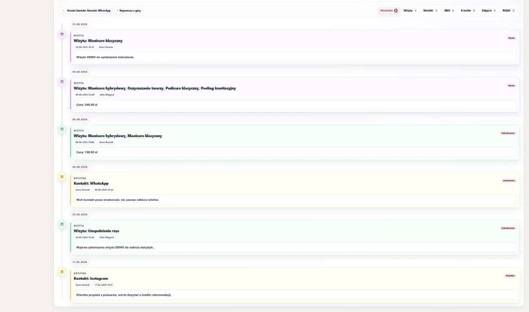 Client card — GDPR and timeline — Consents, GDPR blocks and the full client timeline with visits, notes and communication.