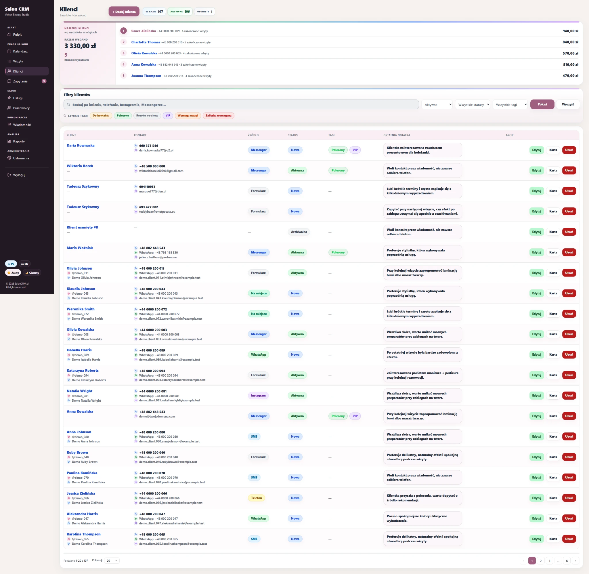 Client list with notes — A view with recent notes, so important client information is visible at a glance.
