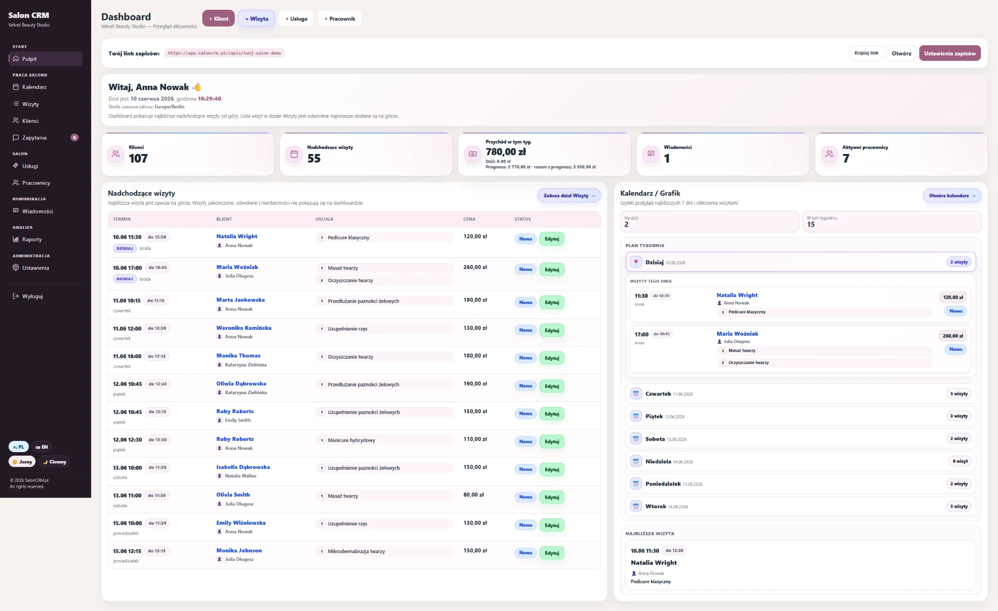 Owner dashboard — Full salon overview: upcoming appointments, weekly plan, revenue and quick access to settings.