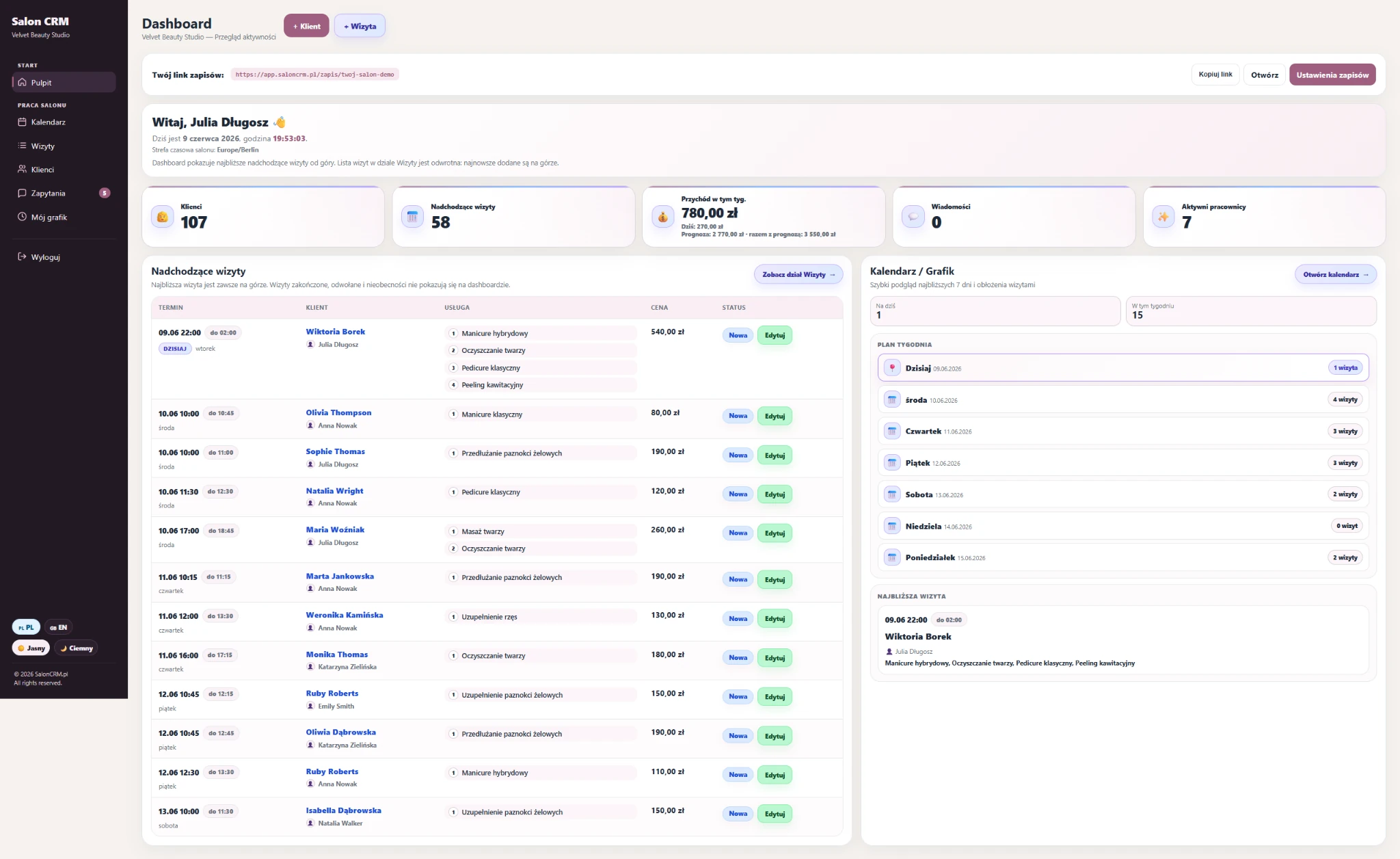 Employee dashboard — A simplified view for staff members performing appointments — without access to critical owner settings.