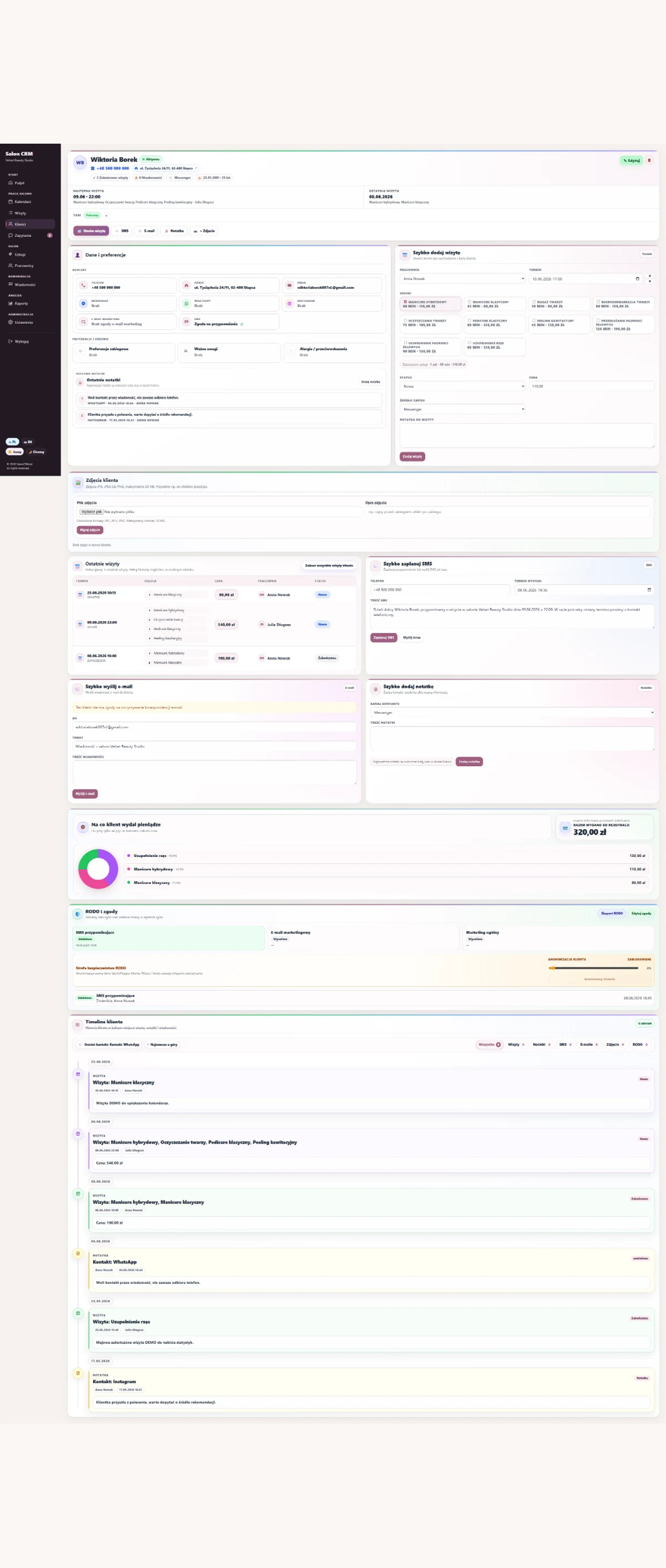 Karta klientki SalonCRM — historia wizyt, notatki, zdjęcia, zgody RODO i wydatki