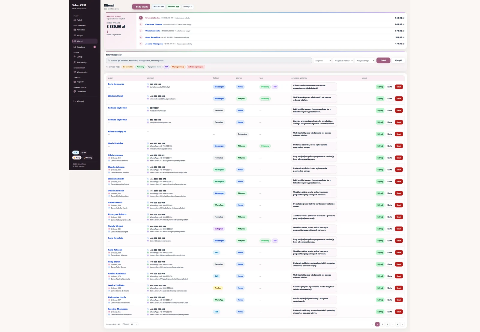 Lista klientek w SalonCRM — baza klientek z tagami, statusem i filtrami