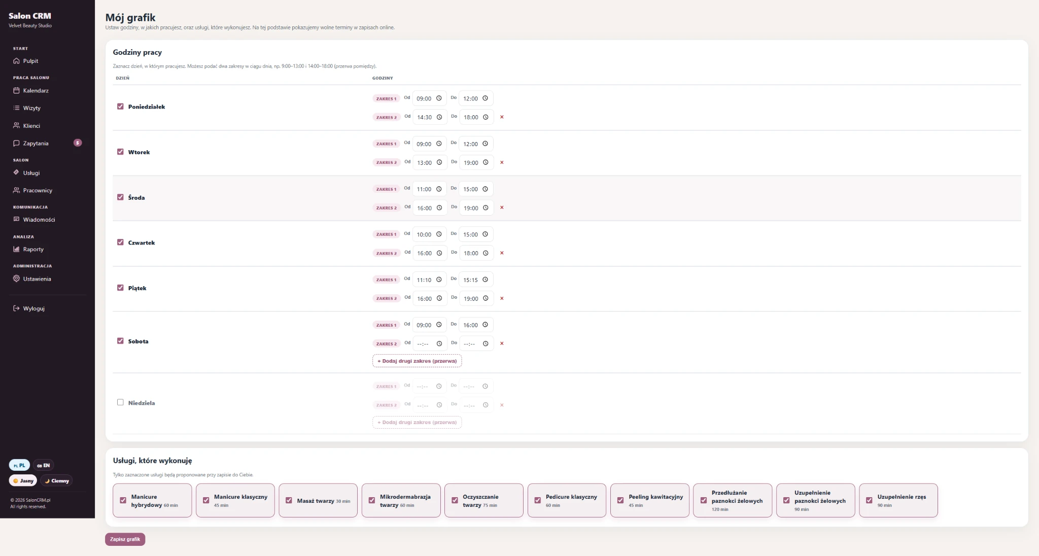 My schedule — Working days, working hours and service availability defined for a specific employee.