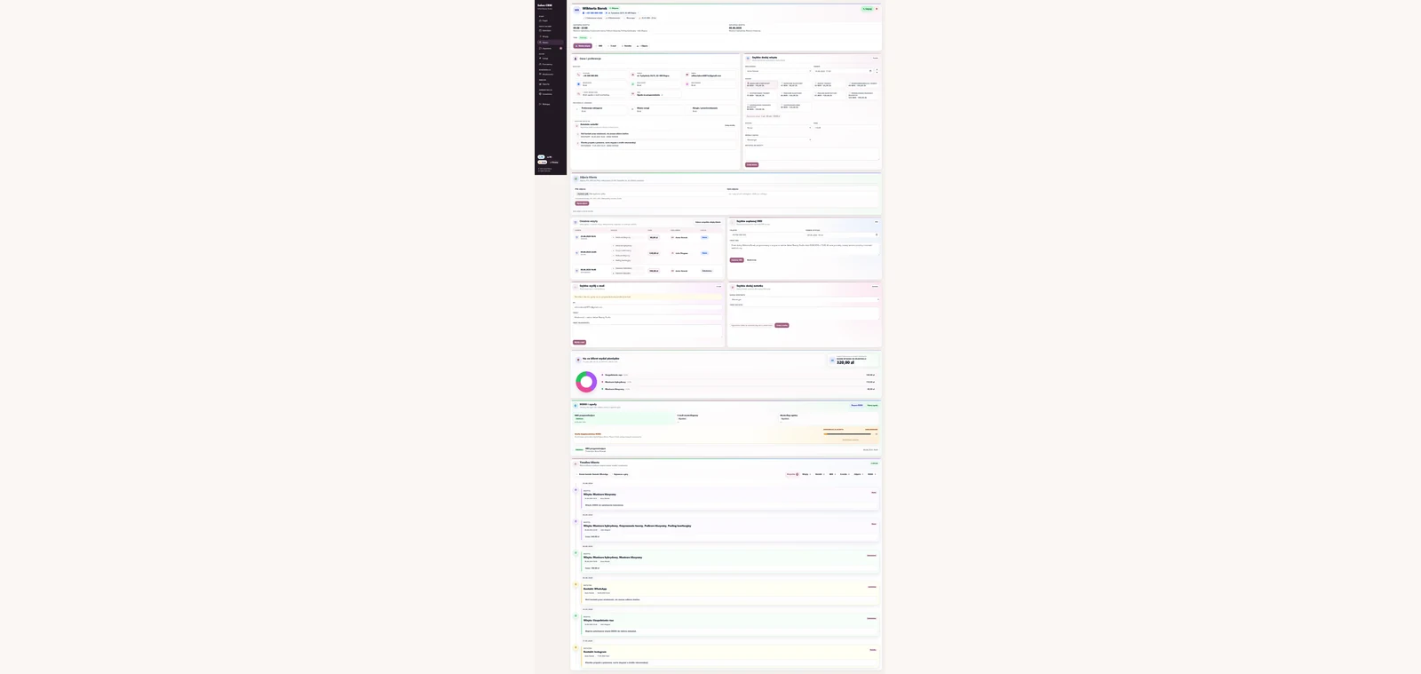 Linia czasu klientki w SalonCRM — wizyty, notatki, SMS i e-maile chronologicznie
