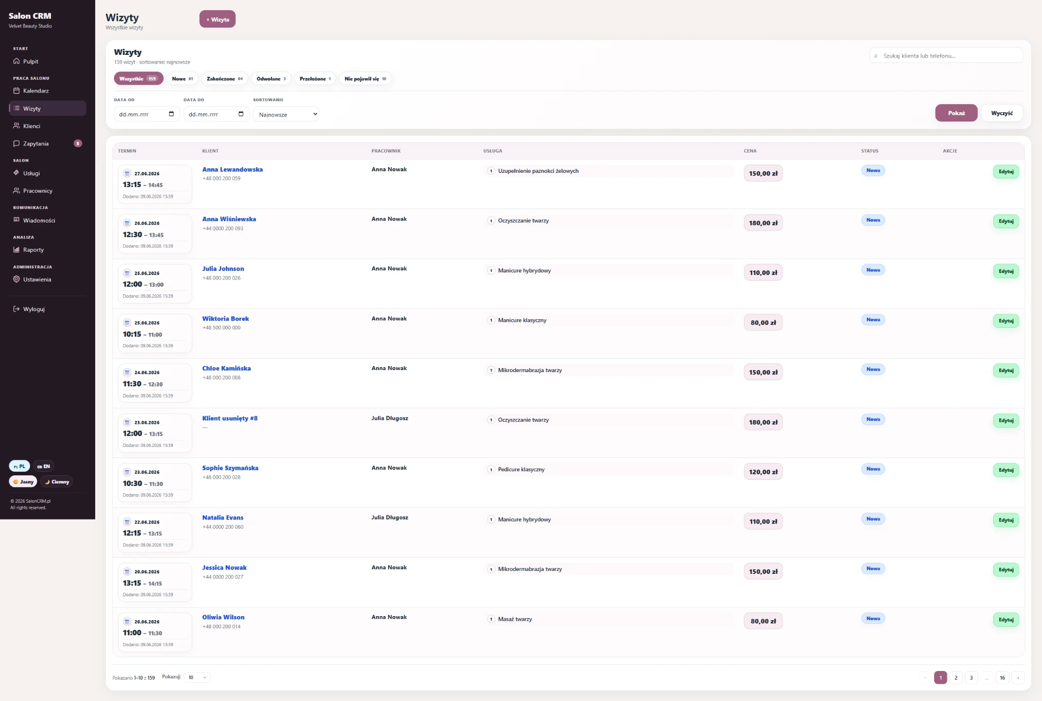 All appointments list — Appointment list with filters, statuses, prices and fast edit access.