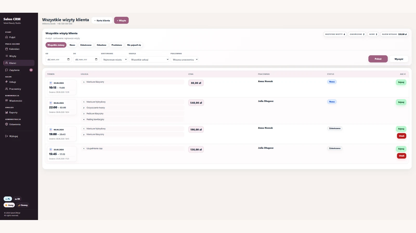 Wizyty klientki SalonCRM — pełna historia wizyt, usługi, ceny, statusy i pracownicy
